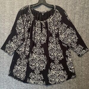 Lucky Brand Tunic Top Womens 2X Black Floral Boho Viscose Flowy‎ Popover Blouse